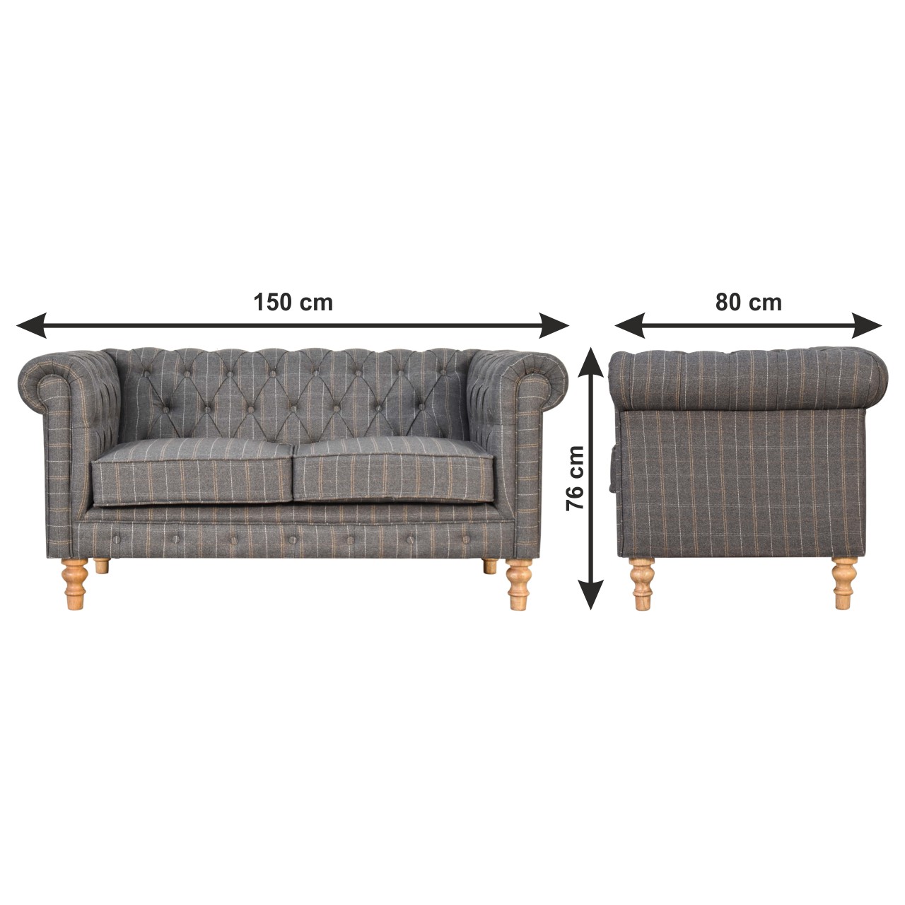 Size chart for Pewter Tweed 2 Seat Chesterfield Sofa