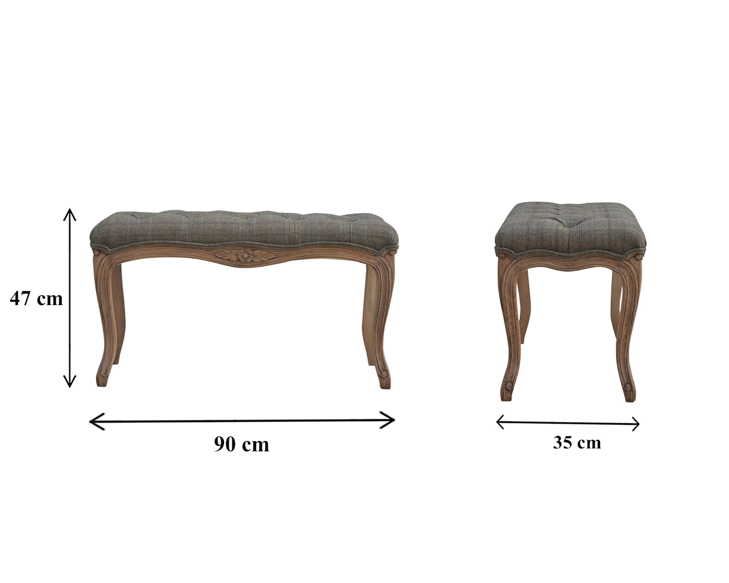 Size chart for Multi Tweed Carved Bedroom Bench | Hand-Carved
