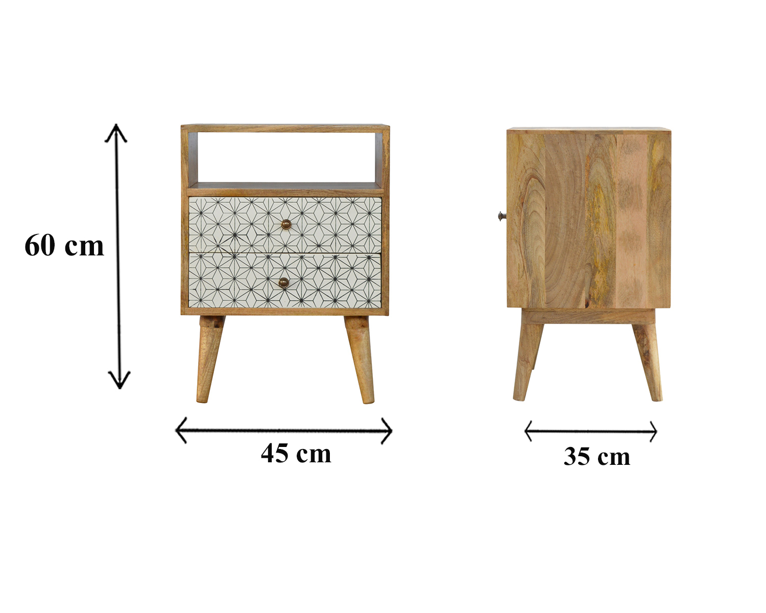 Size chart for Prima Bedside with Open Slot Bedside Table | Oak Solid Mango Wood