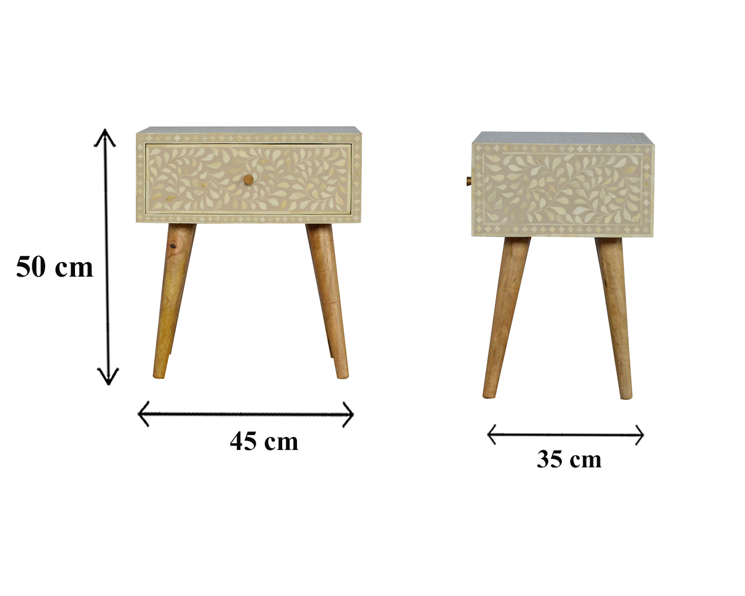 Size chart for Floral Bone Inlay Bedside Table | Grey Solid Mango Wood