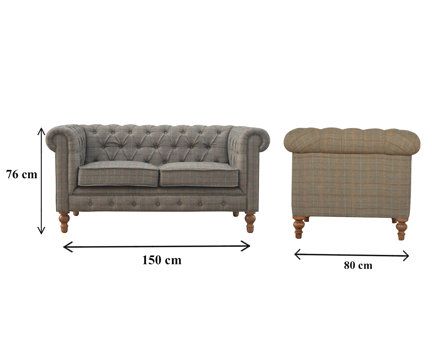 Size chart for Multi Tweed 2 Seat Chesterfield Chair