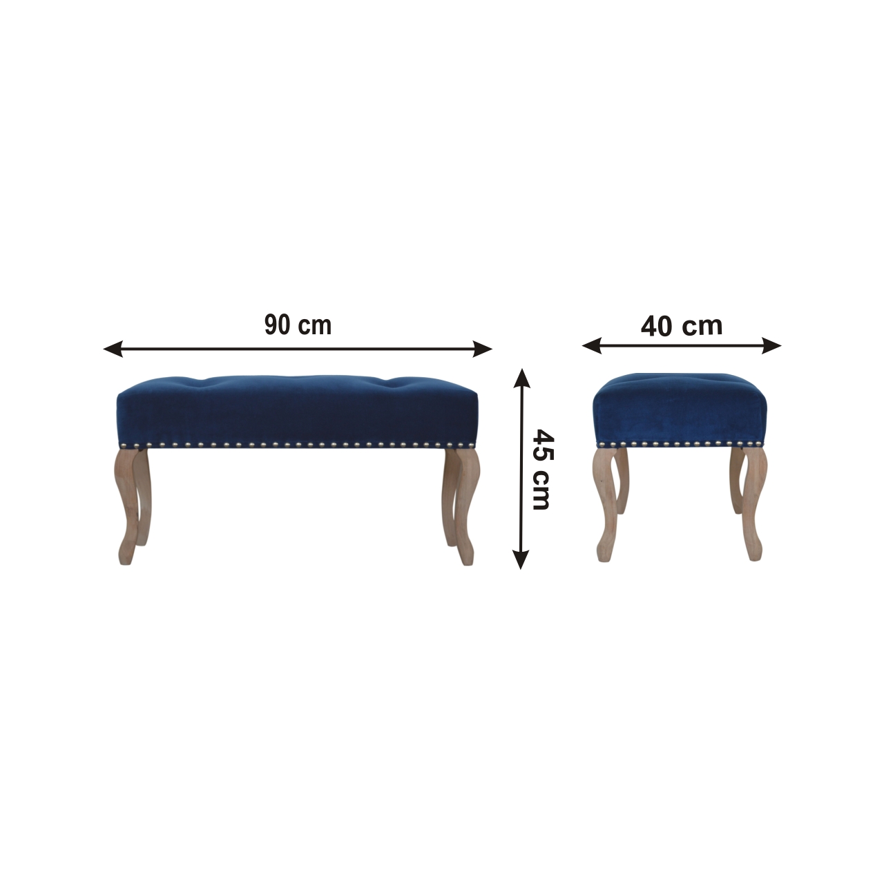Size chart for French Royal Blue Velvet Bench