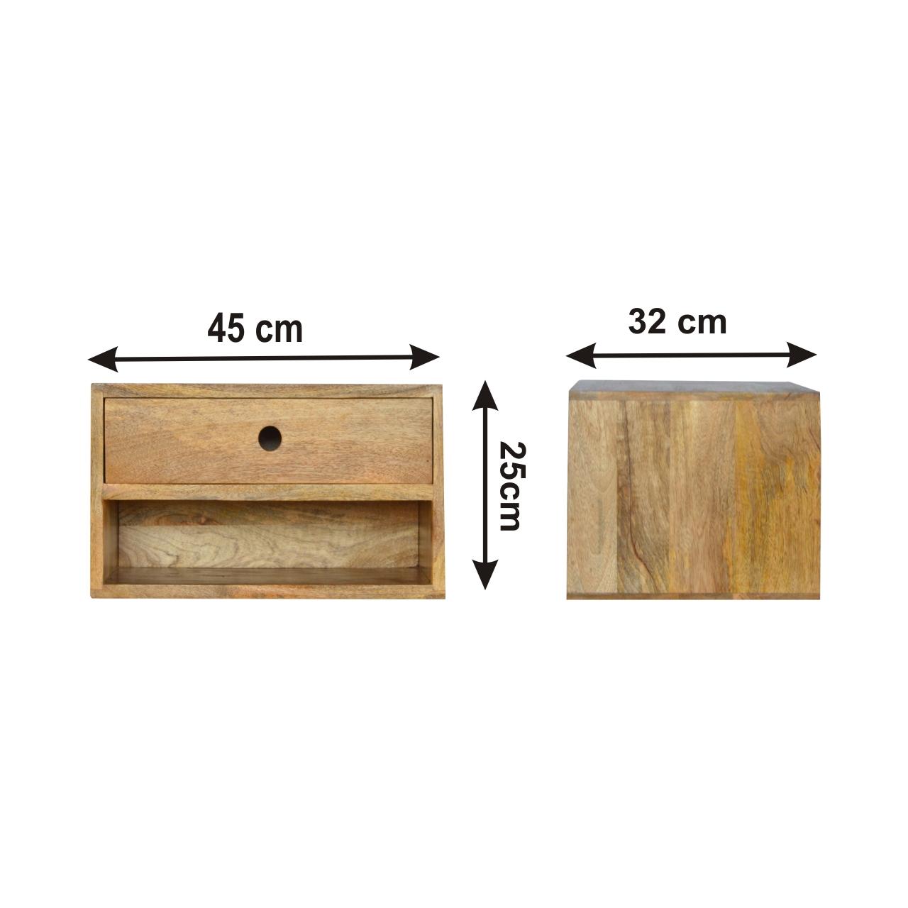Size chart for Solid Wood Wall Mounted Bedside Table | Oak-Ish Mango Wood Wall-Mounted