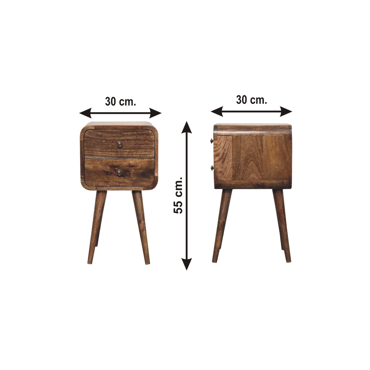 Size chart for Mini Curved Grey Washed Bedside Table