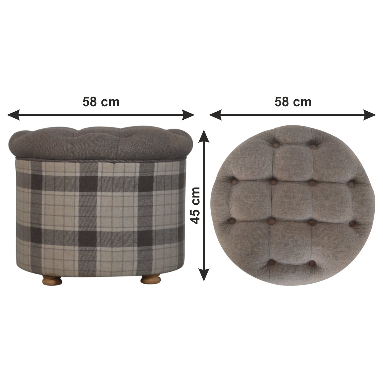 Size chart for Deep Button Round Checked Footstool | Oak-Ish Solid Mango Wood