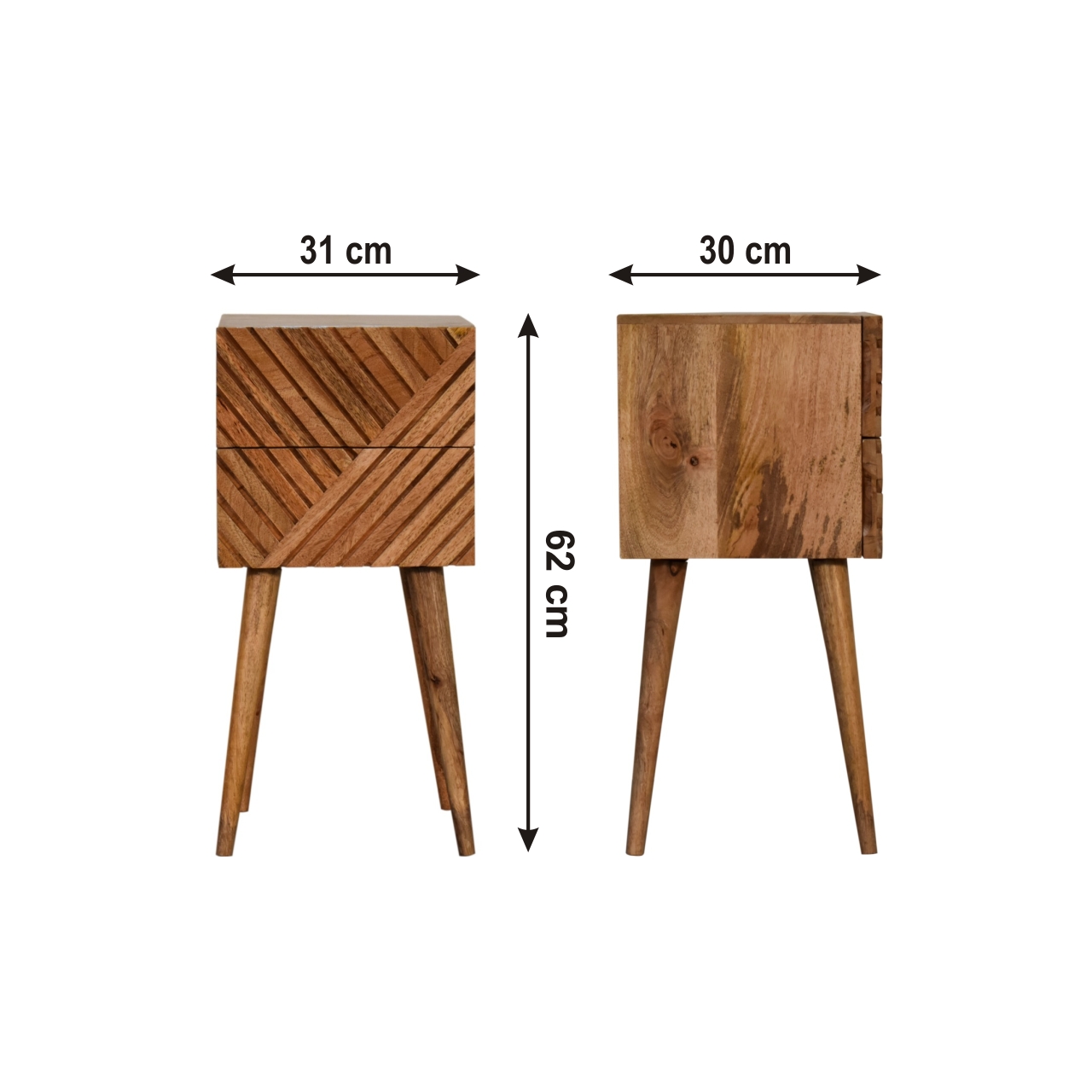 Size chart for Mini Lillie Bedside Table | Oak Solid Mango Wood Hand-Carved