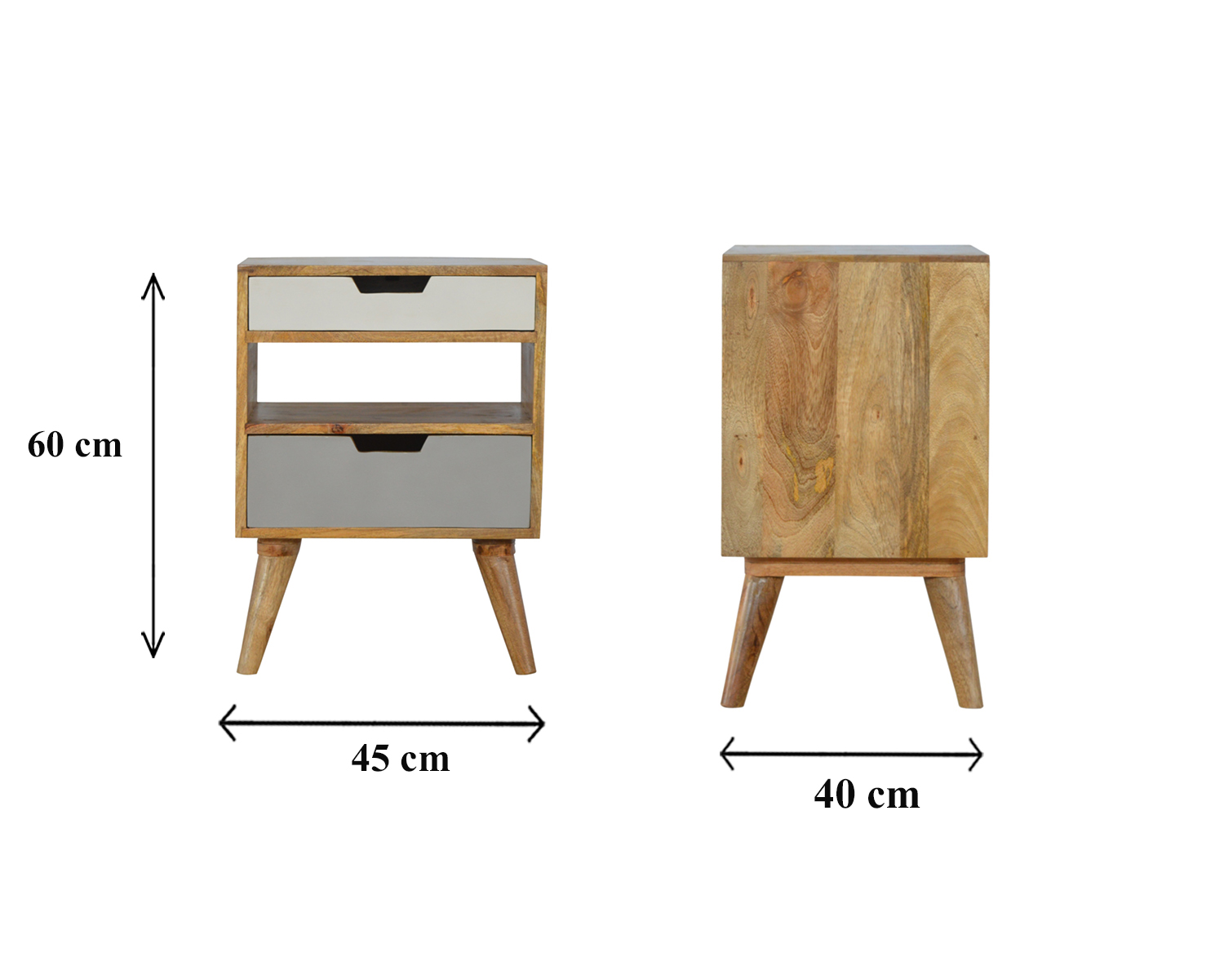 Size chart for Grey and White Cut-out Bedside Table | Oak-Ish Solid Mango Wood