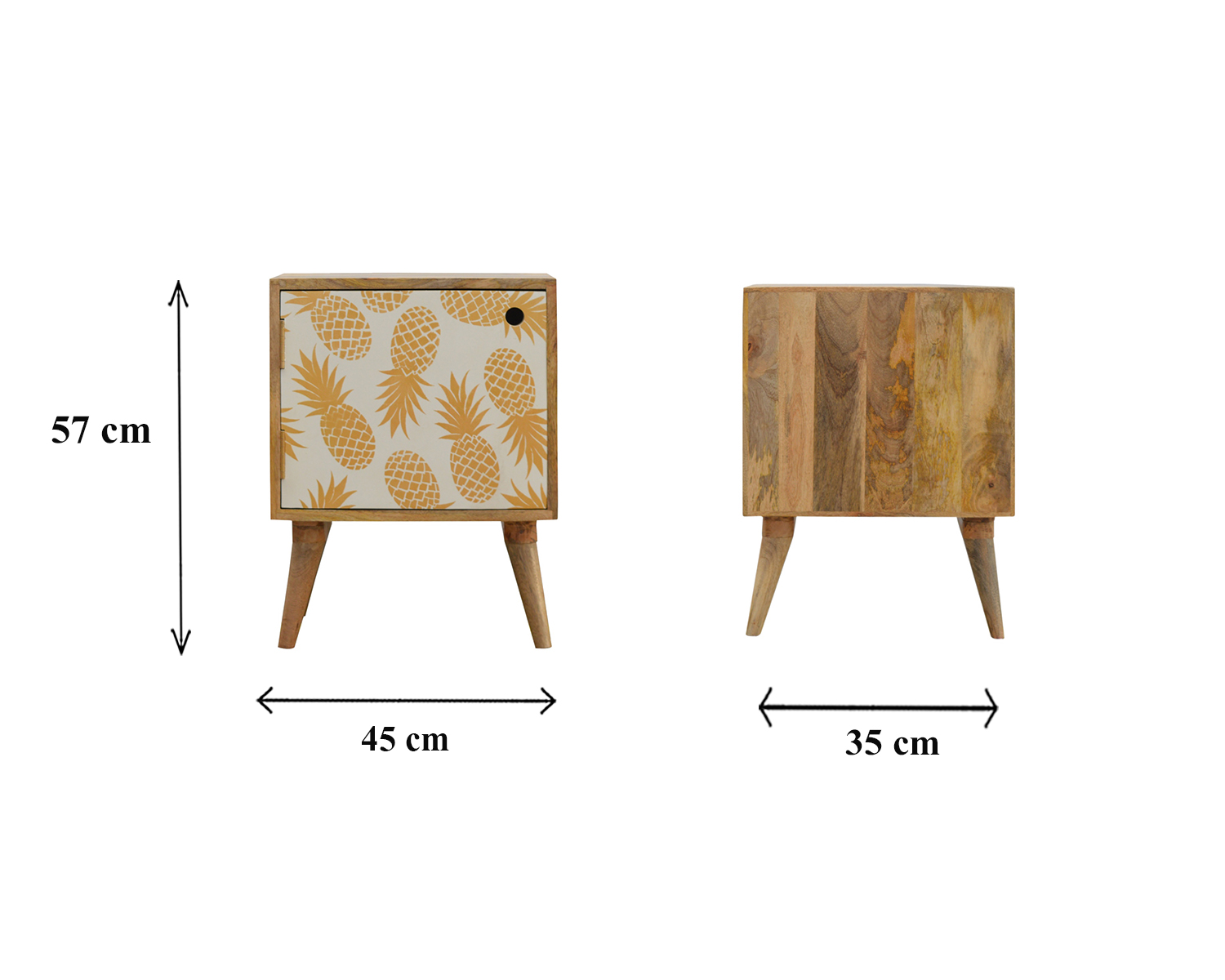 Size chart for Pineapple Screen Print Bedside Table | Oak Mango Wood