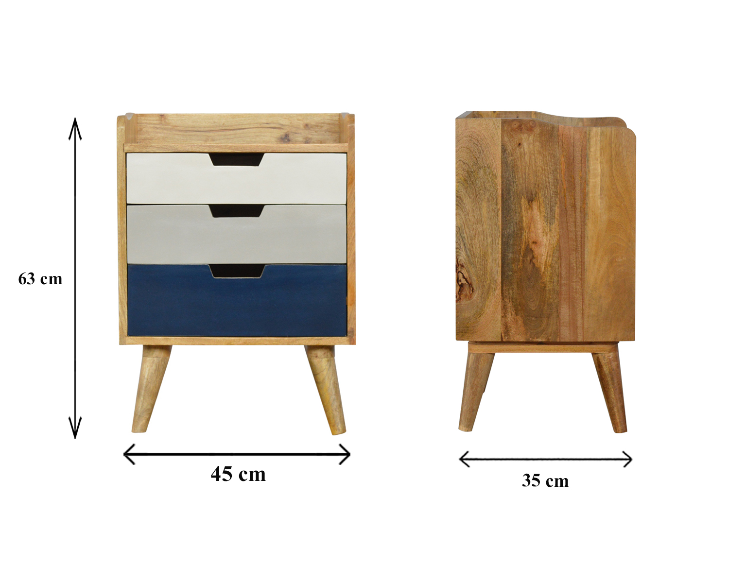 Size chart for Navy and White Gradient Bedside Table | Oak-Ish Solid Mango Wood