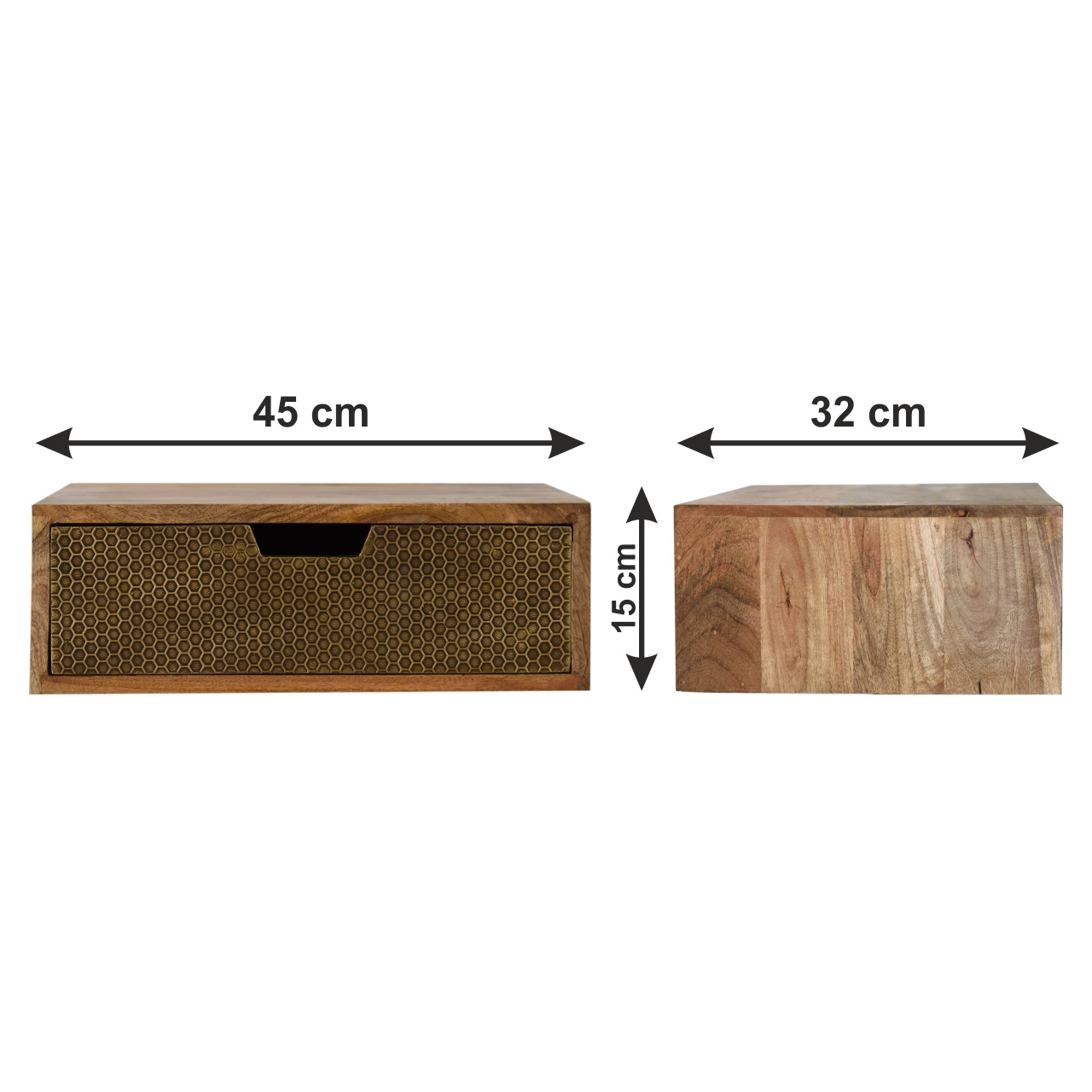Size chart for Floating Honeycomb Brass Bedside Table | Oak Mango Wood