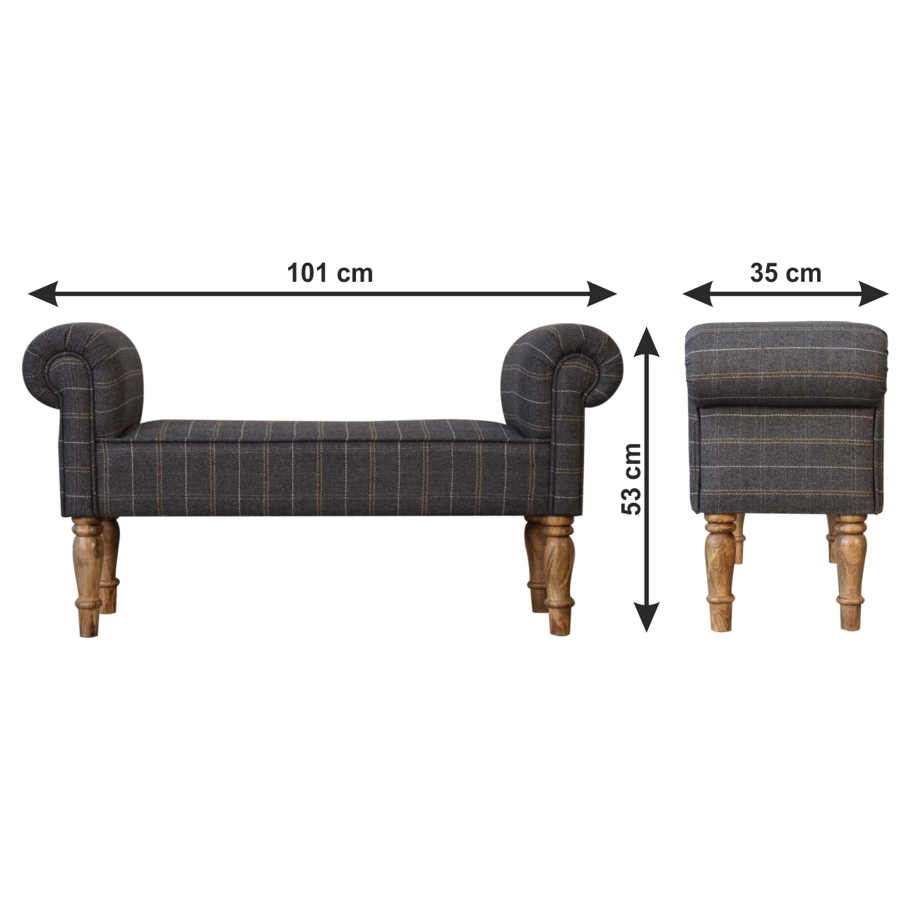 Size chart for Pewter Tweed Turned Bedroom Bench