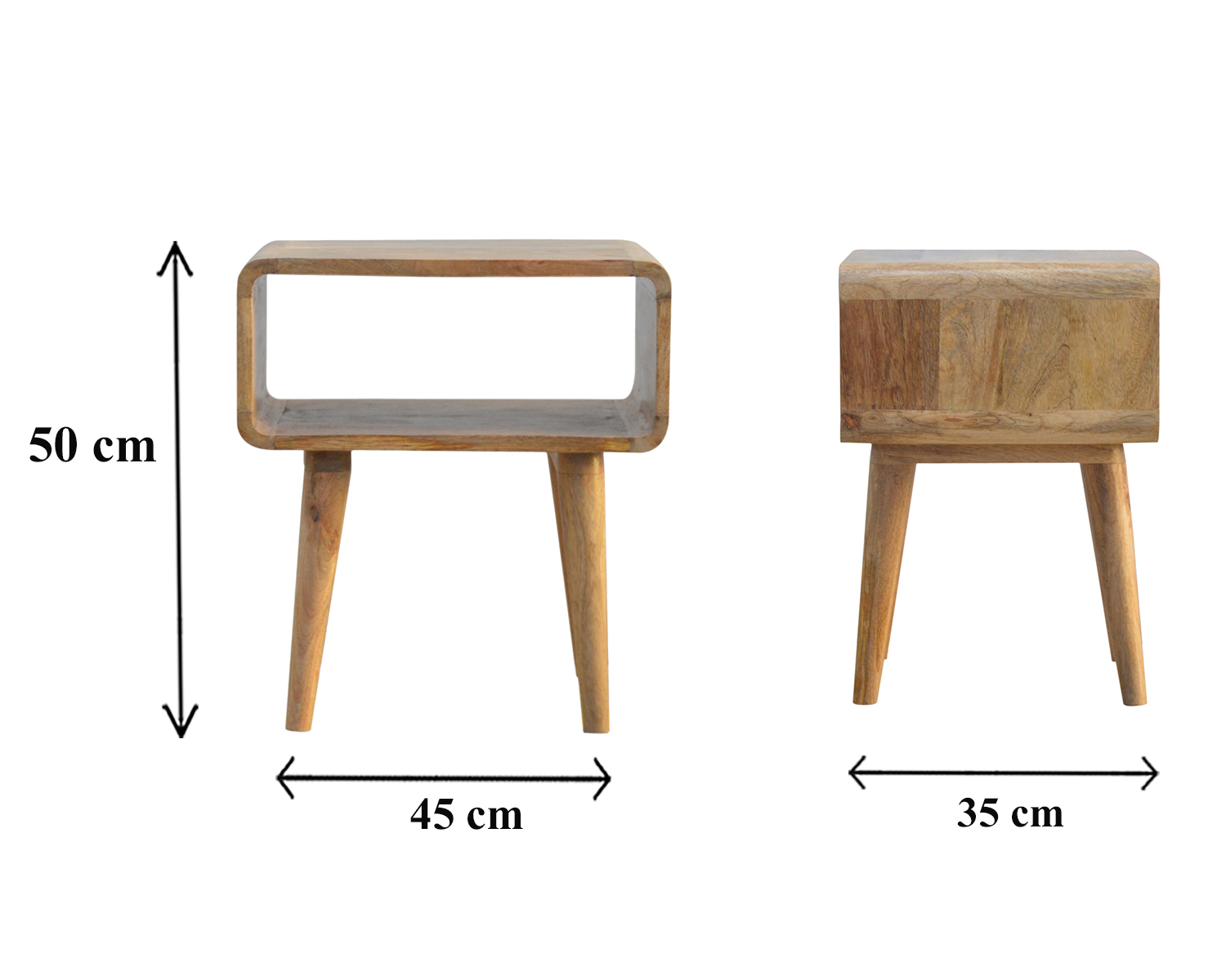 Size chart for Curved Open Bedside Table | Oak Solid Mango Wood