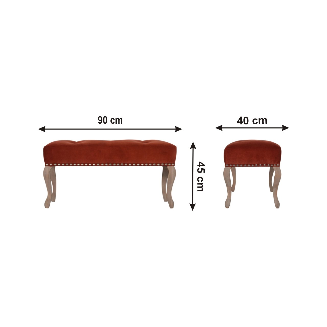 Size chart for French Style Rust Velvet Bench | Hand-Carved