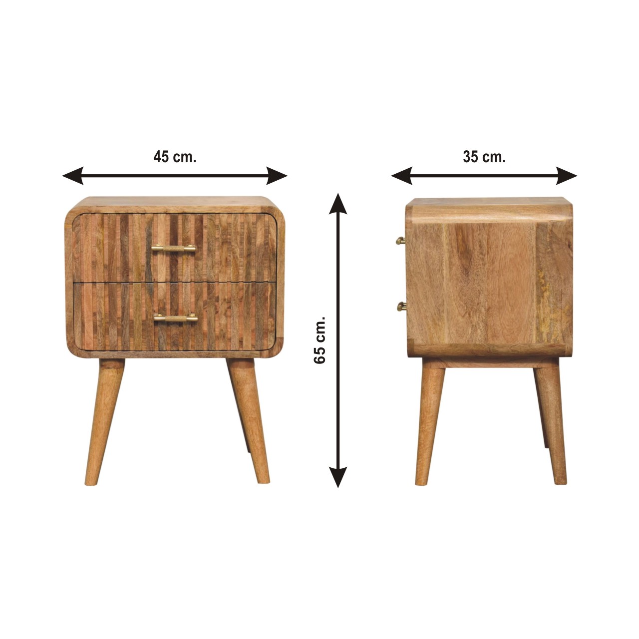 Size chart for T-bar Ridged Bedside Table | Oak Mango Wood