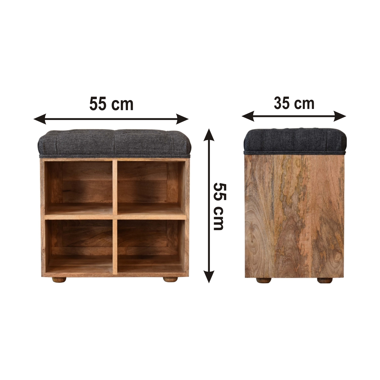 Size chart for Mini Black Shoe Storage Footstool | Tweed Hidden Storage