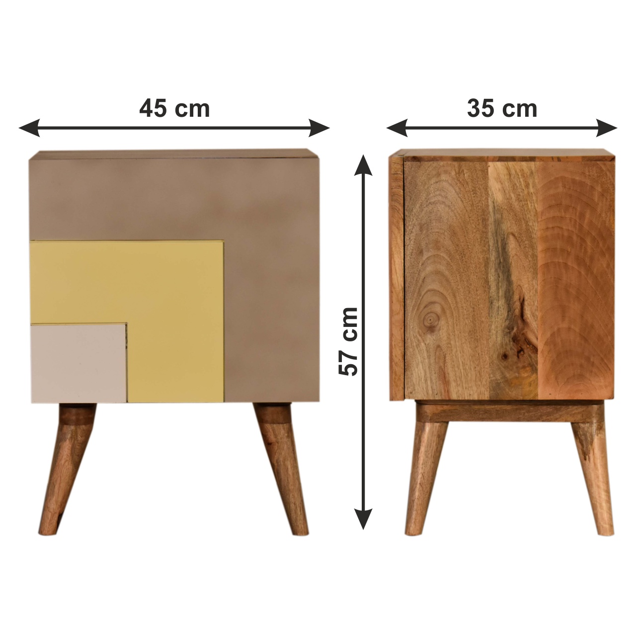 Size chart for Quebec Yellow Bedside Table | Hand-Painted Mango Wood