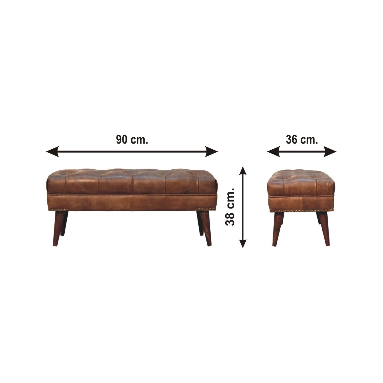 Size chart for Harbour Brown Leather Bench | Chestnut