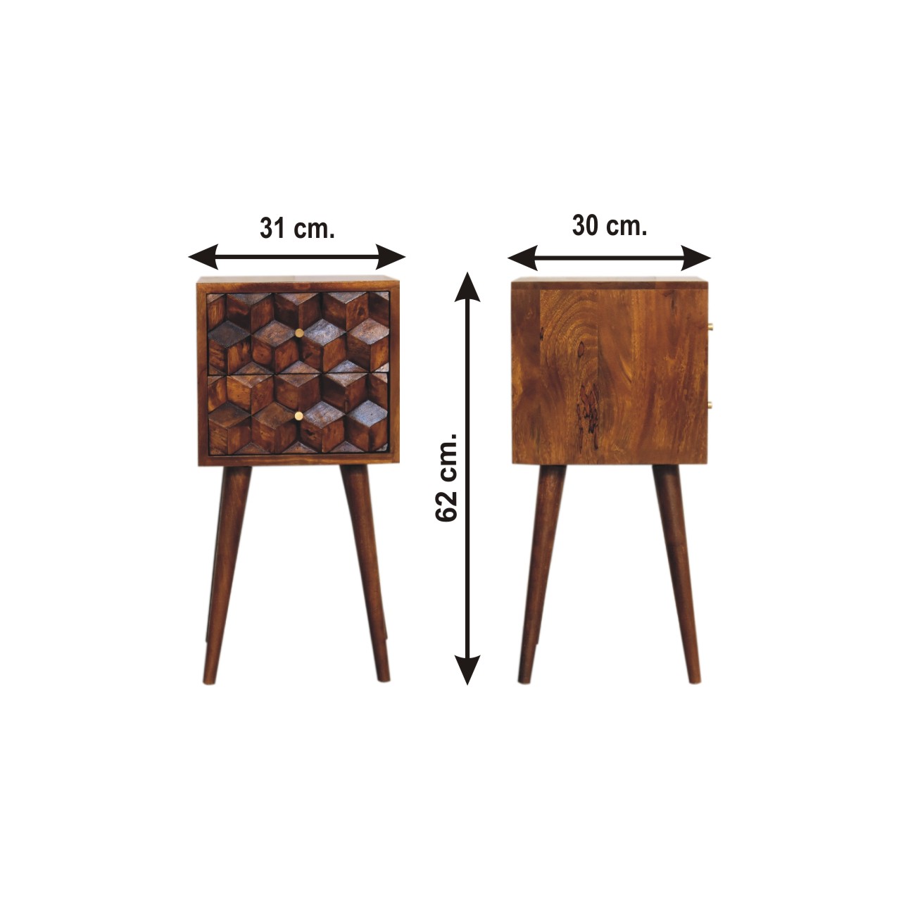 Size chart for Mini Chestnut Cube 2 Drawer Bedside