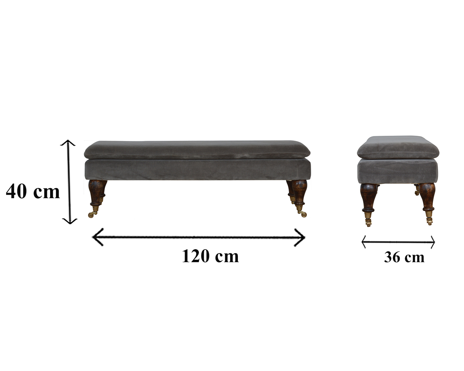 Size chart for Grey Velvet Bench with Castor Feet | Cotton Velvet