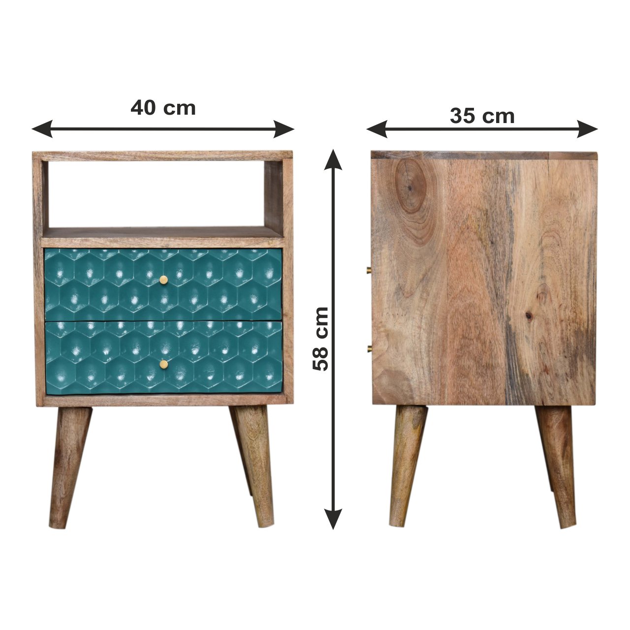 Size chart for Honeycomb Teal Open Slot Bedside Table | Hand-Painted Mango Wood