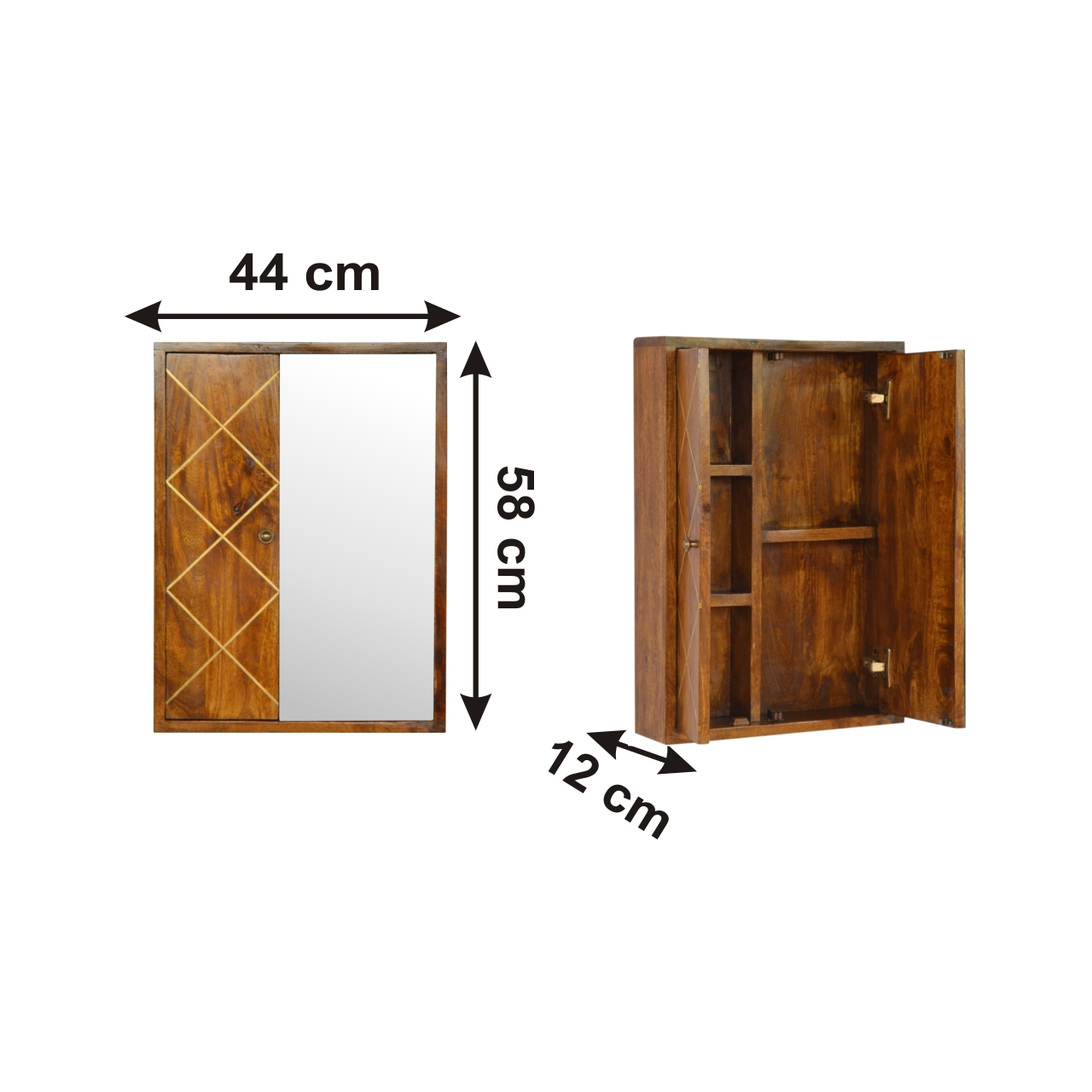 Size chart for Sliding Brass Wall Chest of Drawers | Chestnut Solid Mango Wood Wall-Mounted