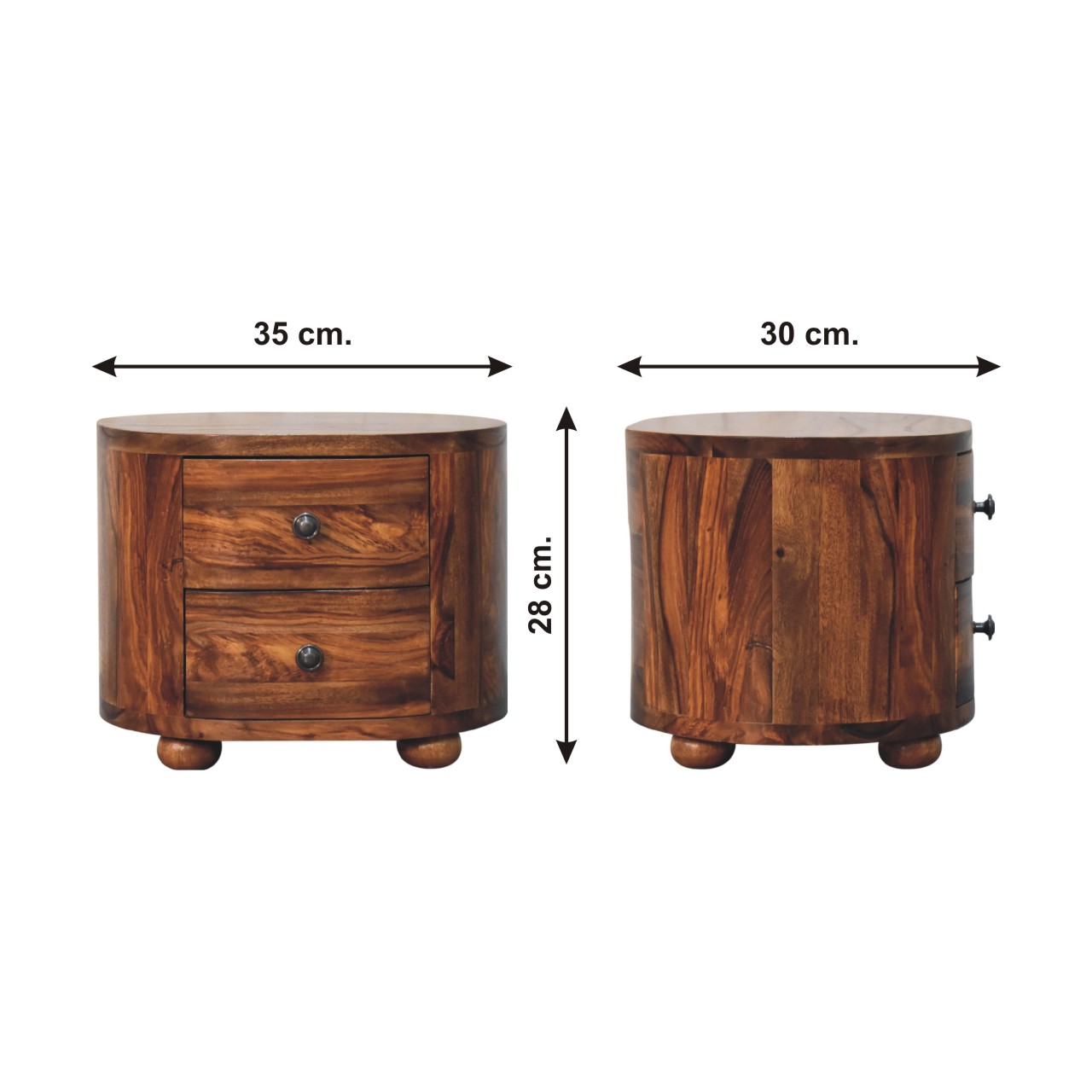 Size chart for Round Honey Bedside with Bun Feet Bedside Table