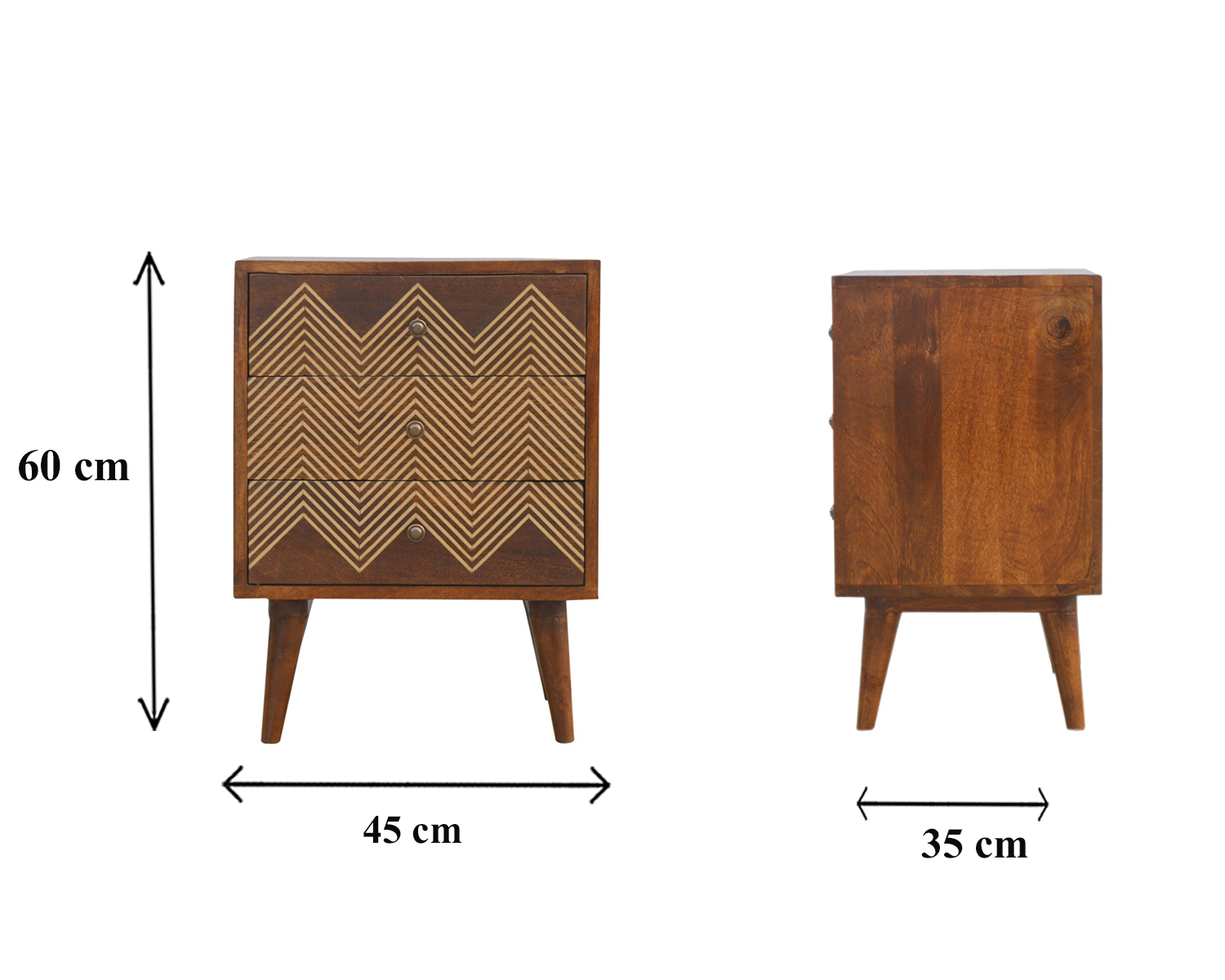 Size chart for 3 Drawer Brass Chevron Bedside