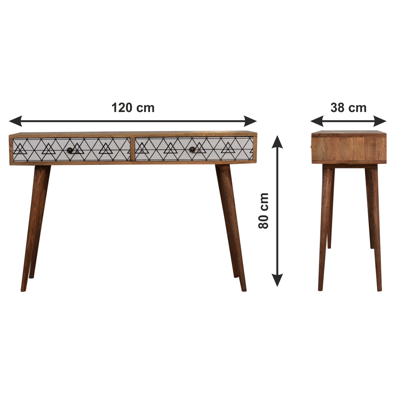 Size chart for Triangular Long Console Table | Oak-Ish Solid Mango Wood