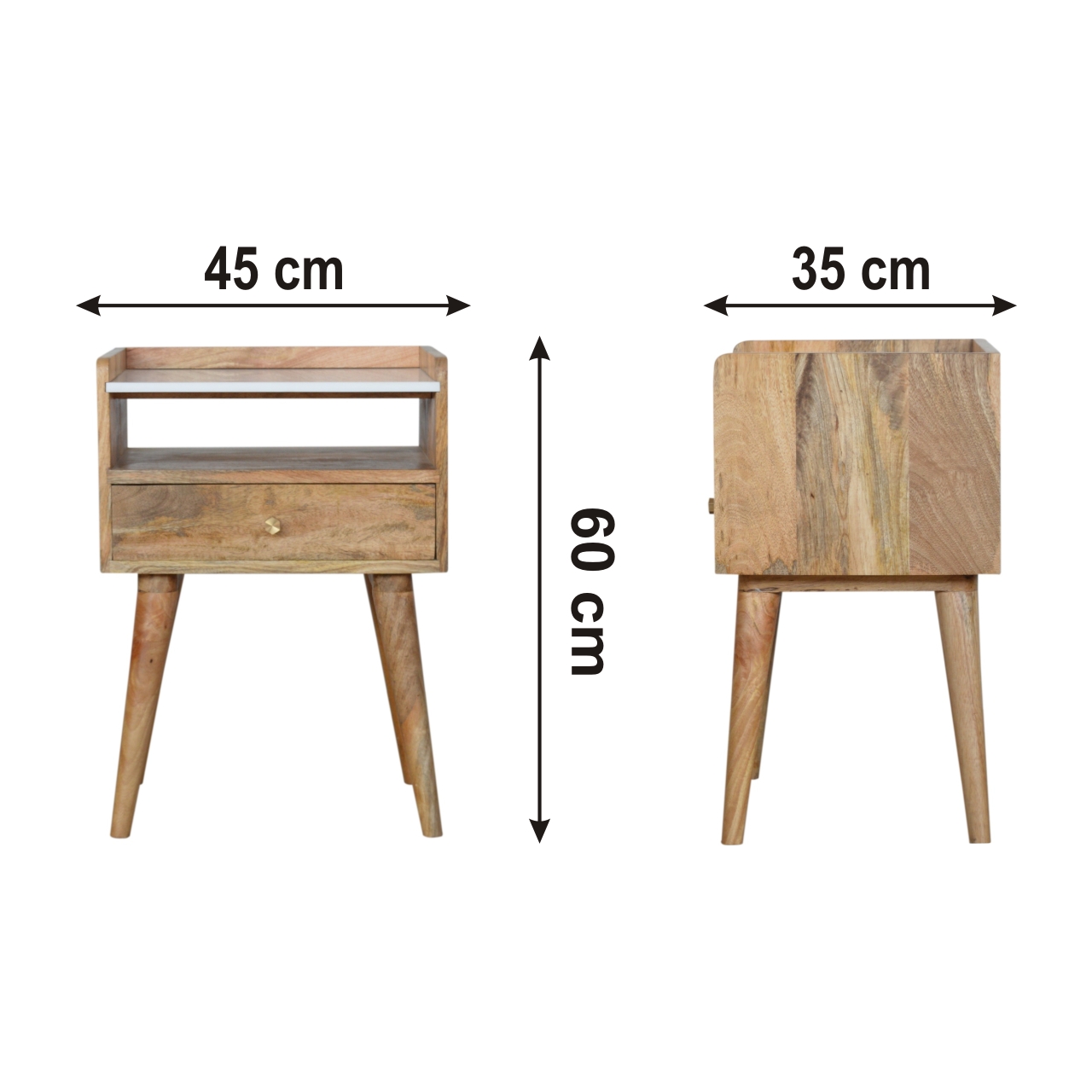 Size chart for Open Slot Bedside with White Top Bedside Table | Oak-Ish Solid Mango Wood