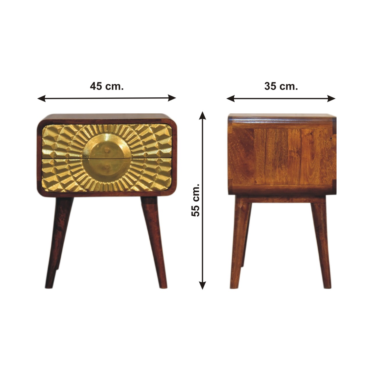Size chart for Eden Curved Bedside Table | Chestnut Solid Mango Wood
