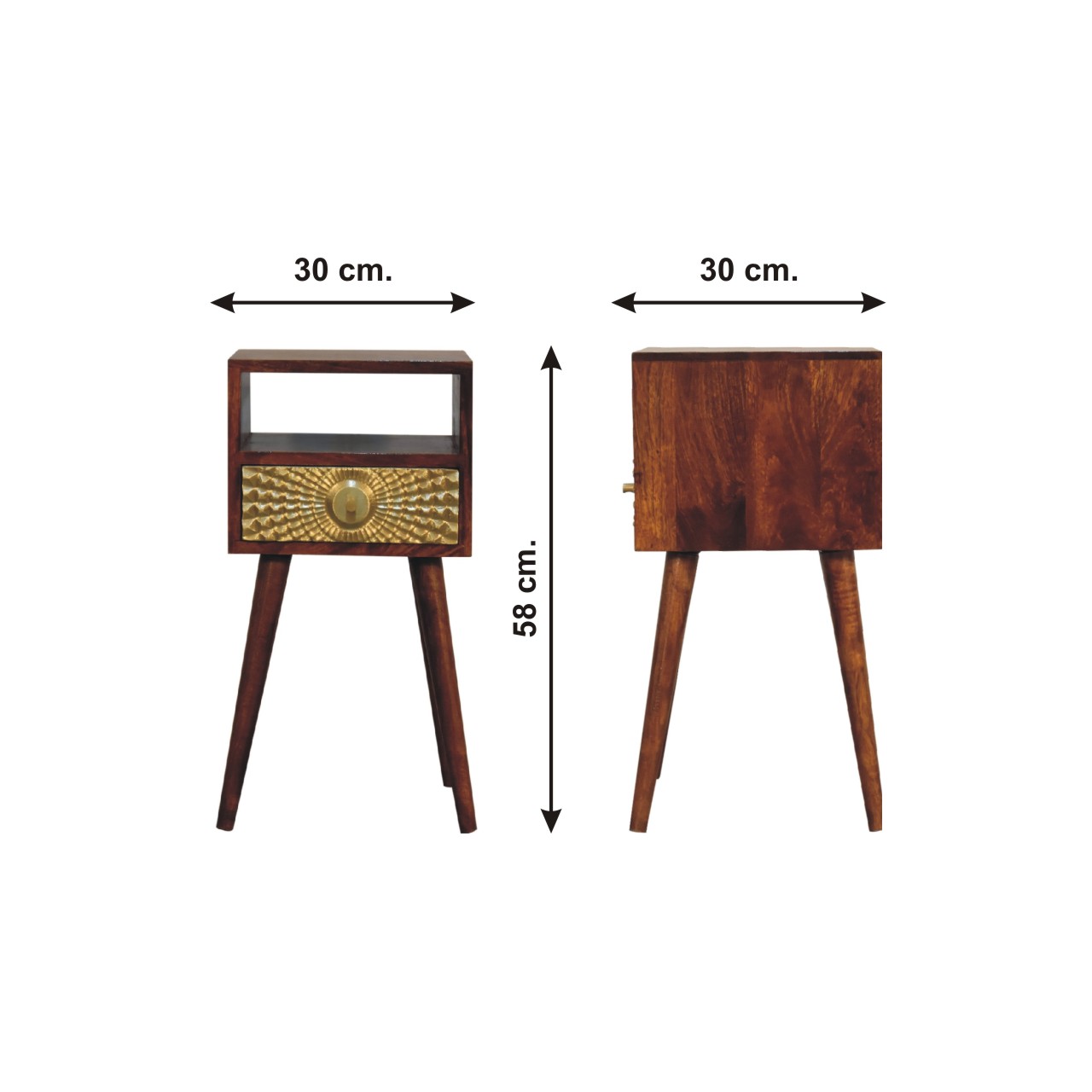 Size chart for Eden Mini Bedside Table | Chestnut Solid Mango Wood Open Shelf