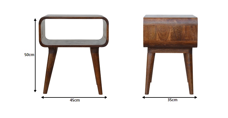 Size chart for Curved Open Chestnut Bedside Table | Open Shelf