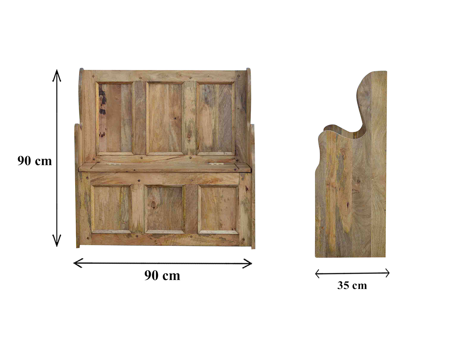 Size chart for Large Monks Storage Bench | Oak Solid Mango Wood Hidden Storage