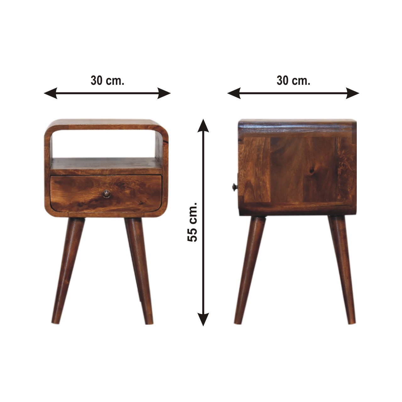 Size chart for Mini Chestnut Curve Open Bedside