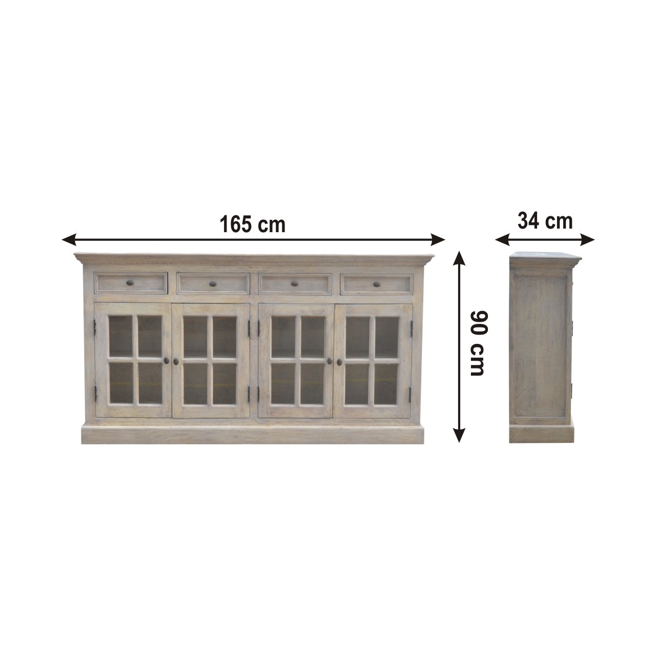 Size chart for Large Stone Wash Glazed Sideboard Chest of Drawers