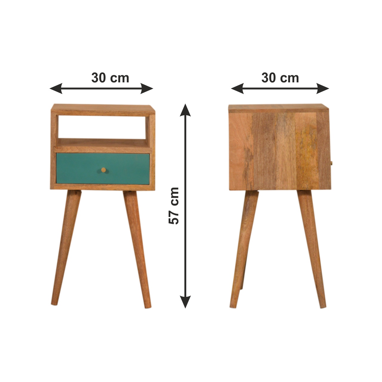 Size chart for Mini Teal Hand Painted Bedside Table | Oak-Ish Solid Mango Wood