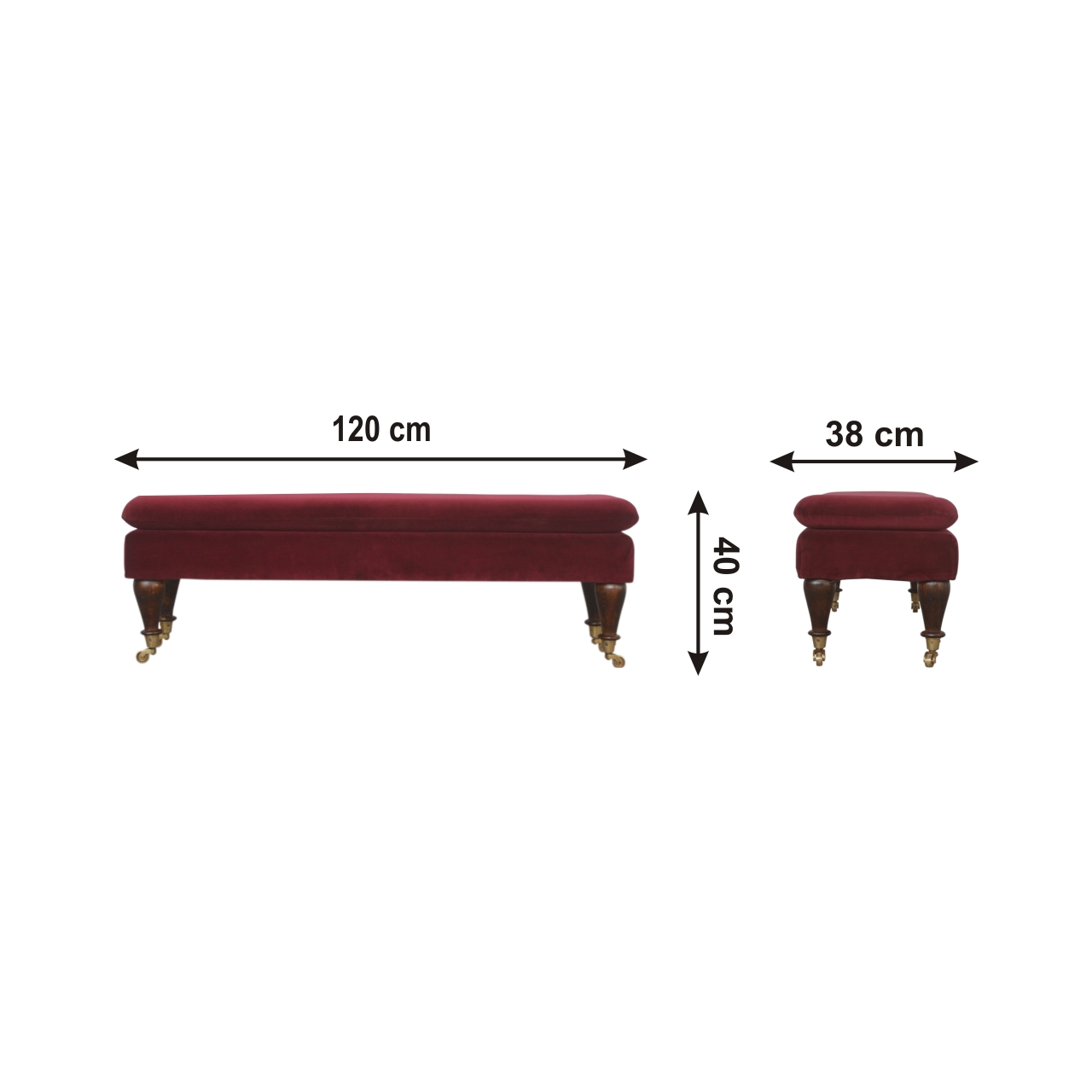Size chart for Wine Red Velvet Castor Bench