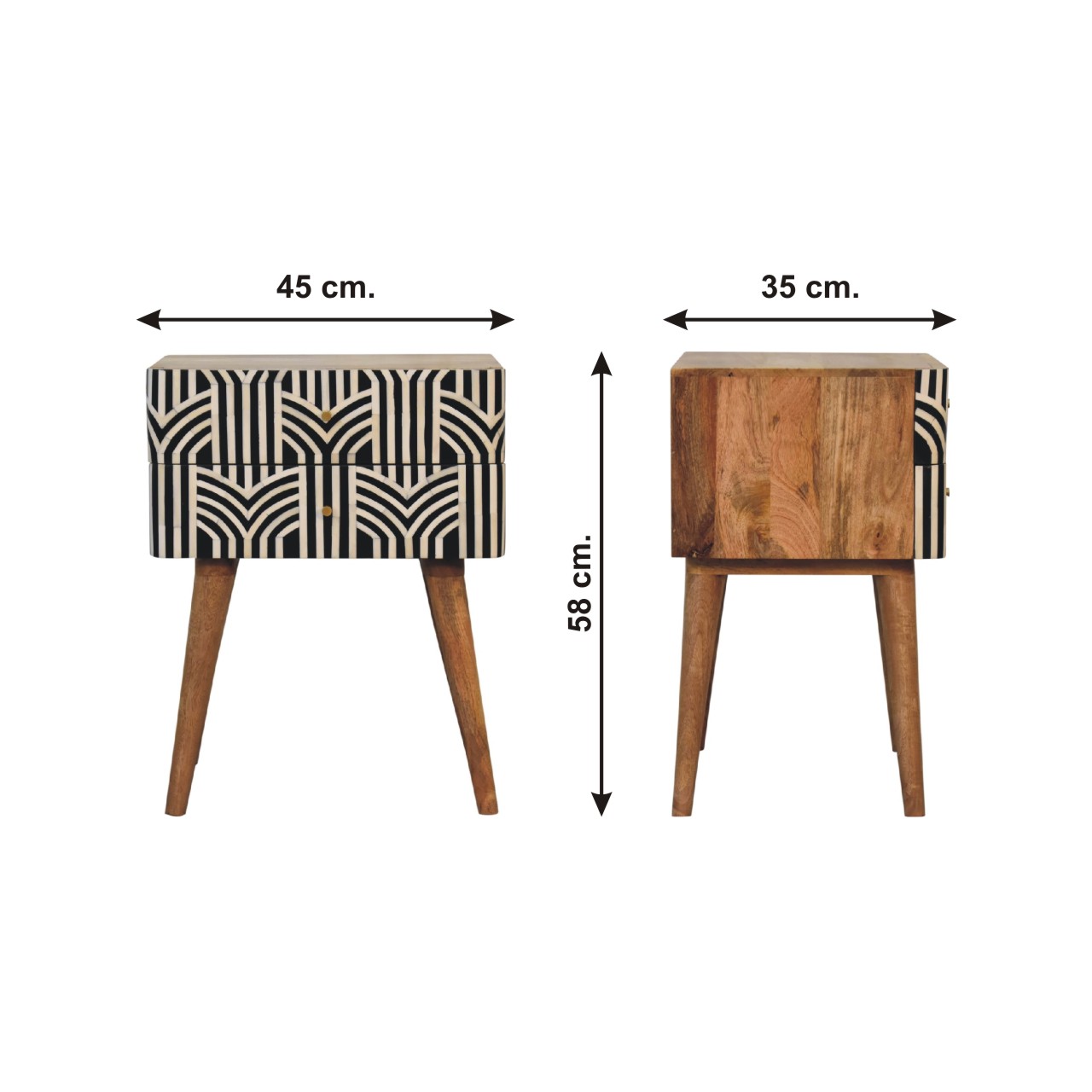 Size chart for Edessa Bone Inlay Bedside Table | Oak-Ish Solid Mango Wood