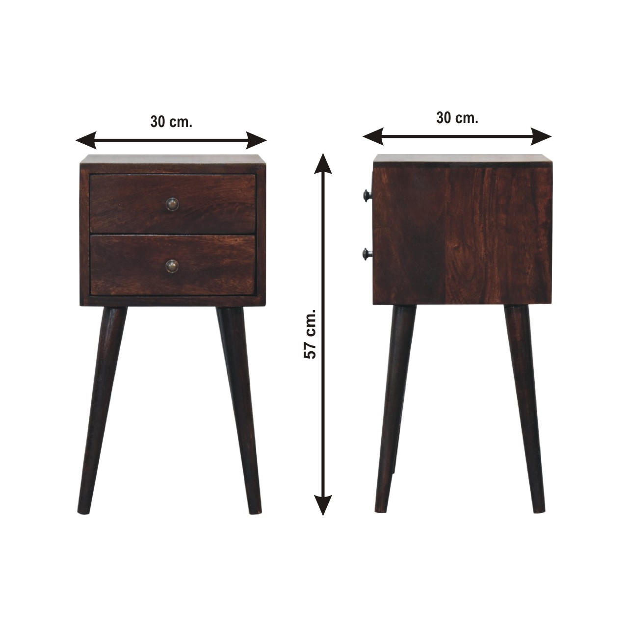 Size chart for Mini 2 Drawer Walnut Bedside