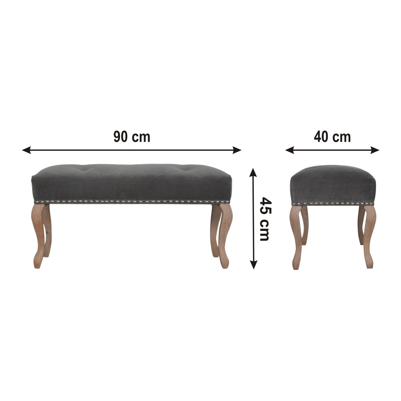 Size chart for French Style Grey Velvet Bench | Cotton Velvet Hand-Carved