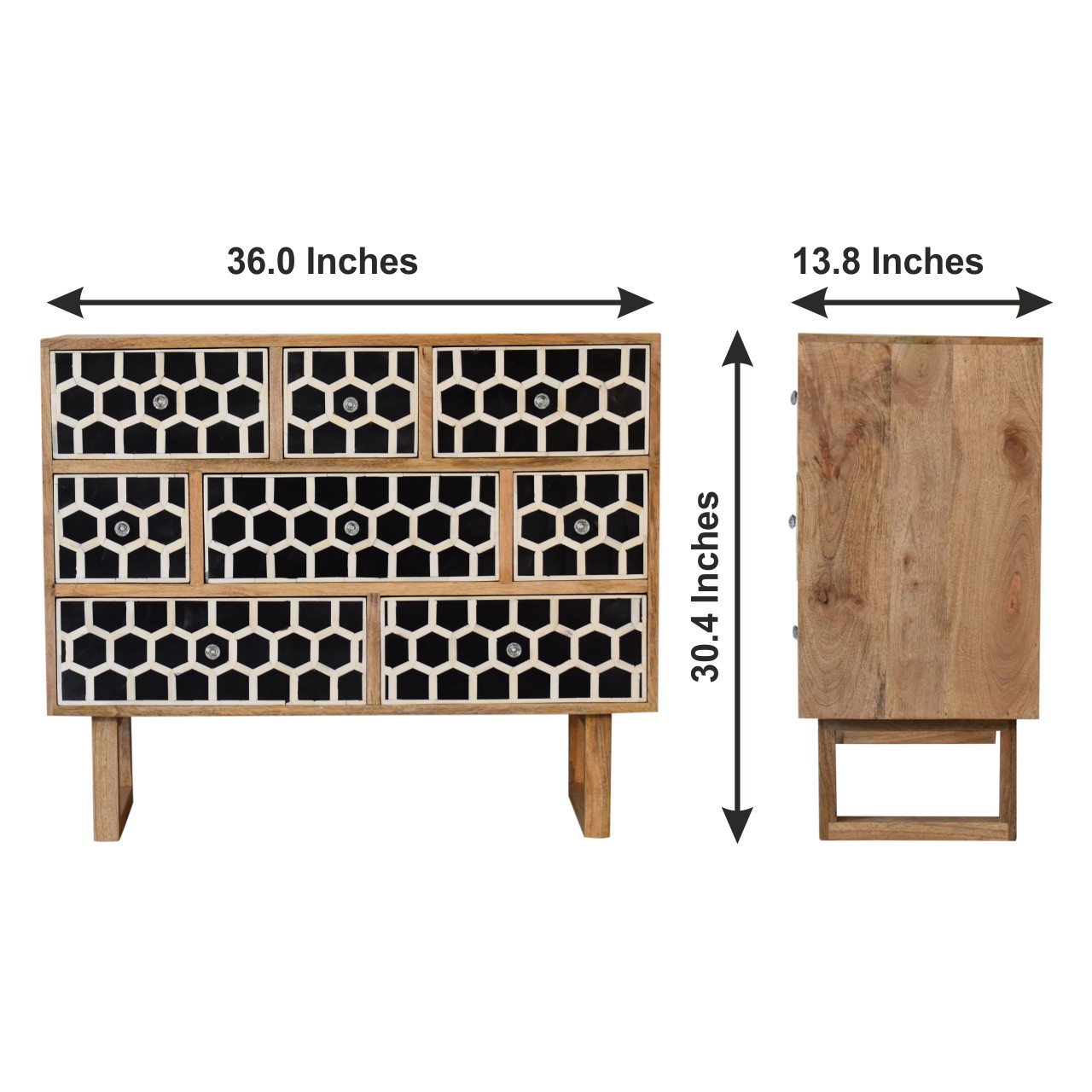 Size chart for U-Shape Bone Inlay Chest of Drawers