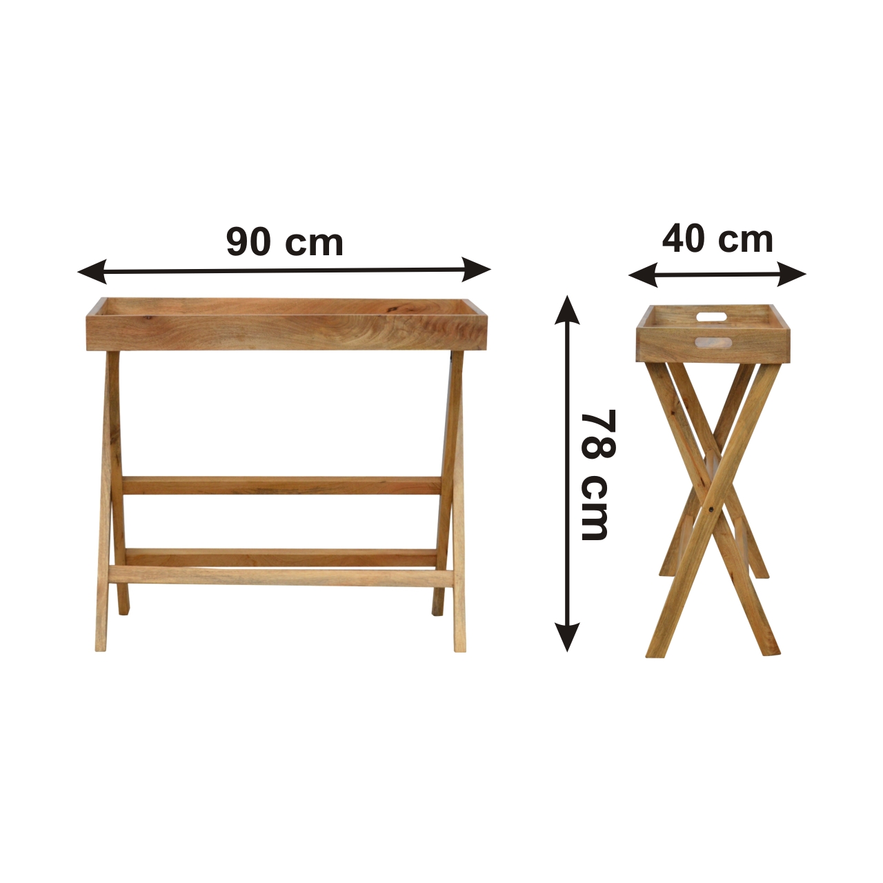 Size chart for Foldable Butler Tray Accent Piece | Oak Mango Wood
