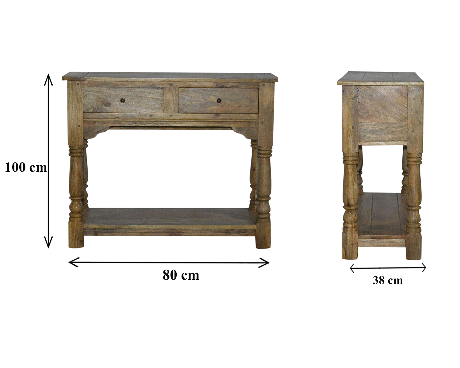 Size chart for Solid Mango 2 Drawer Console