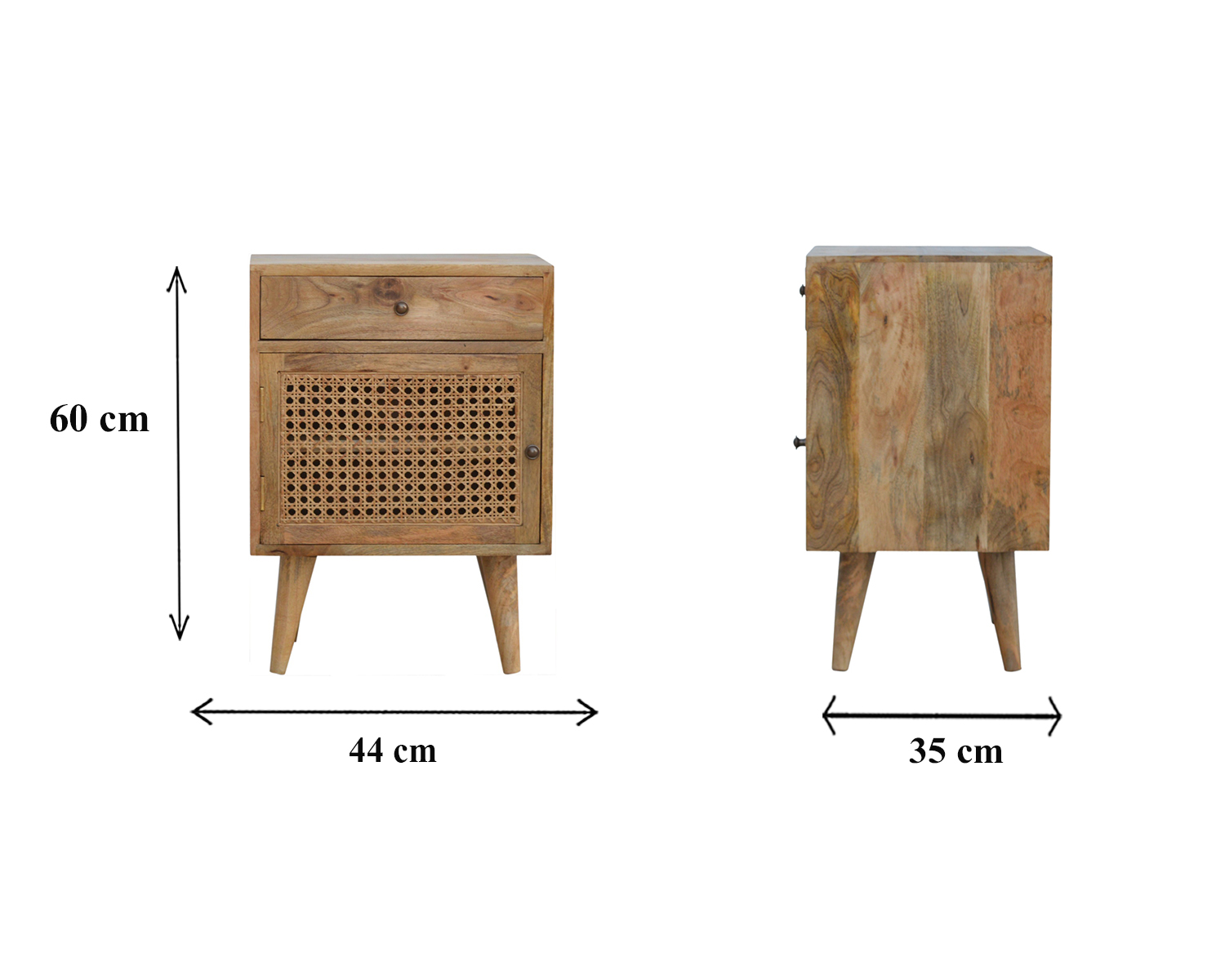 Size chart for Ratten Door Front Bedside Table | Oak Mango Wood