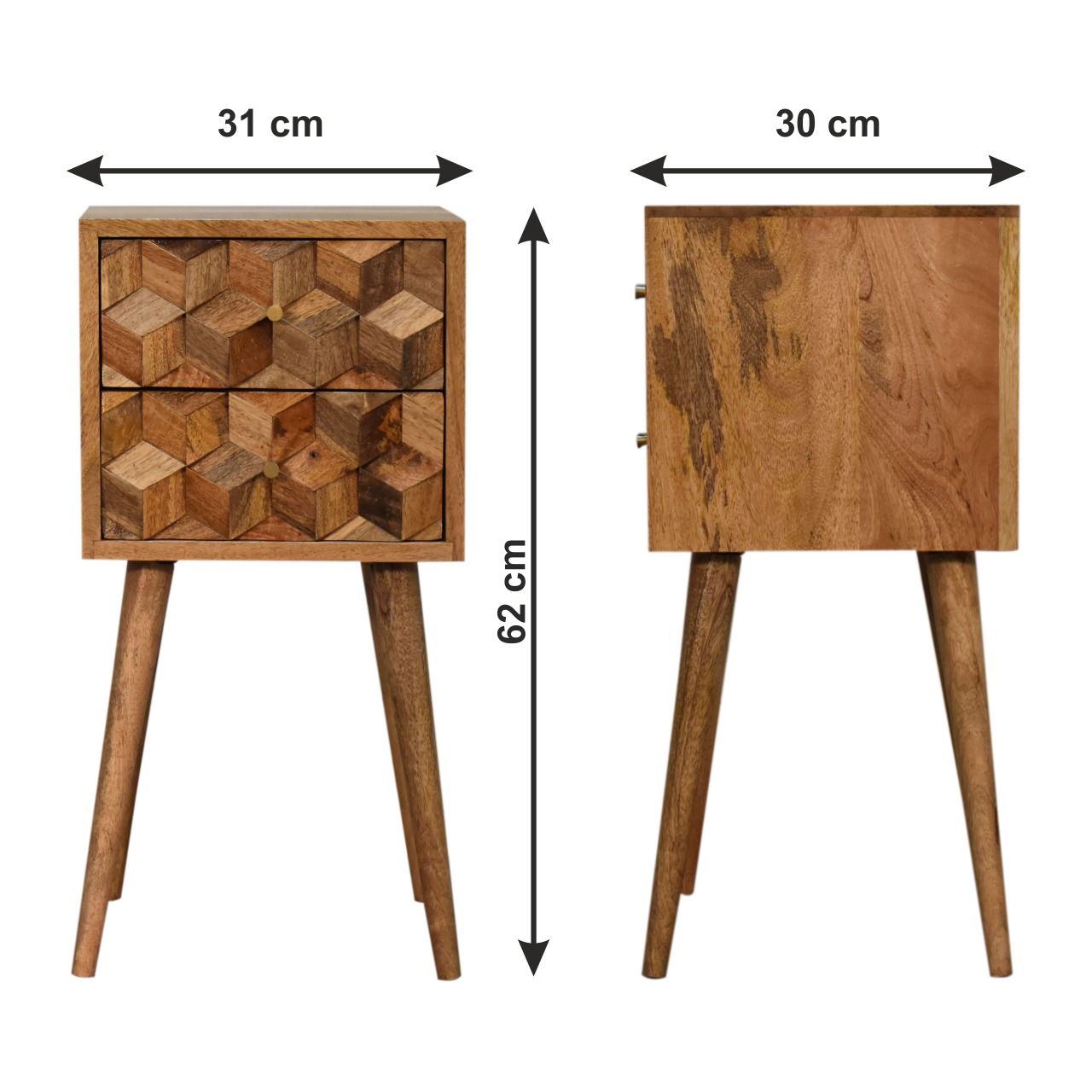 Size chart for Mini Cube Carved 2 Drawer Bedside