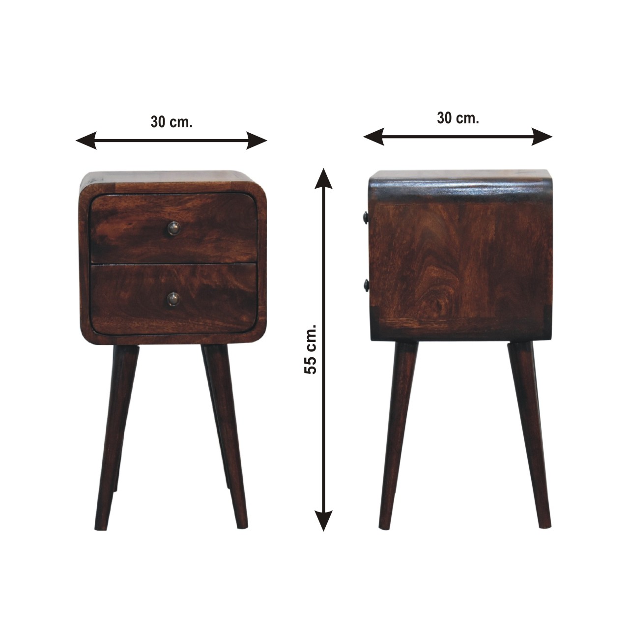 Size chart for Mini Walnut Curved Bedside