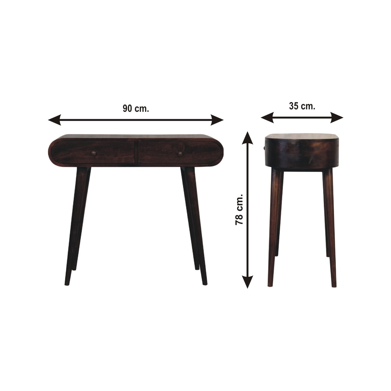Size chart for Walnut Curved Edge Console Table