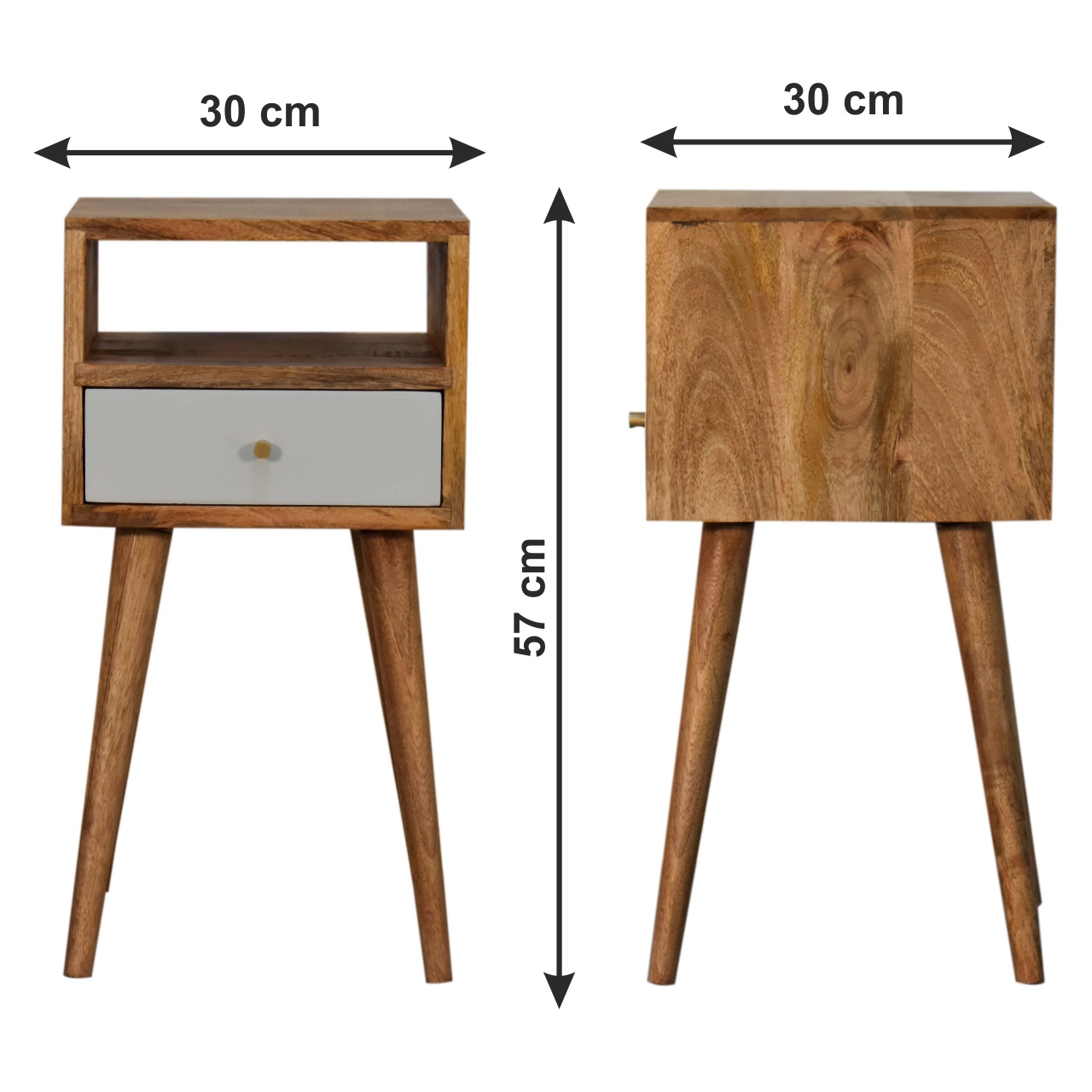 Size chart for Mini Sky Blue Hand Painted Bedside Table | Oak-Ish Mango Wood