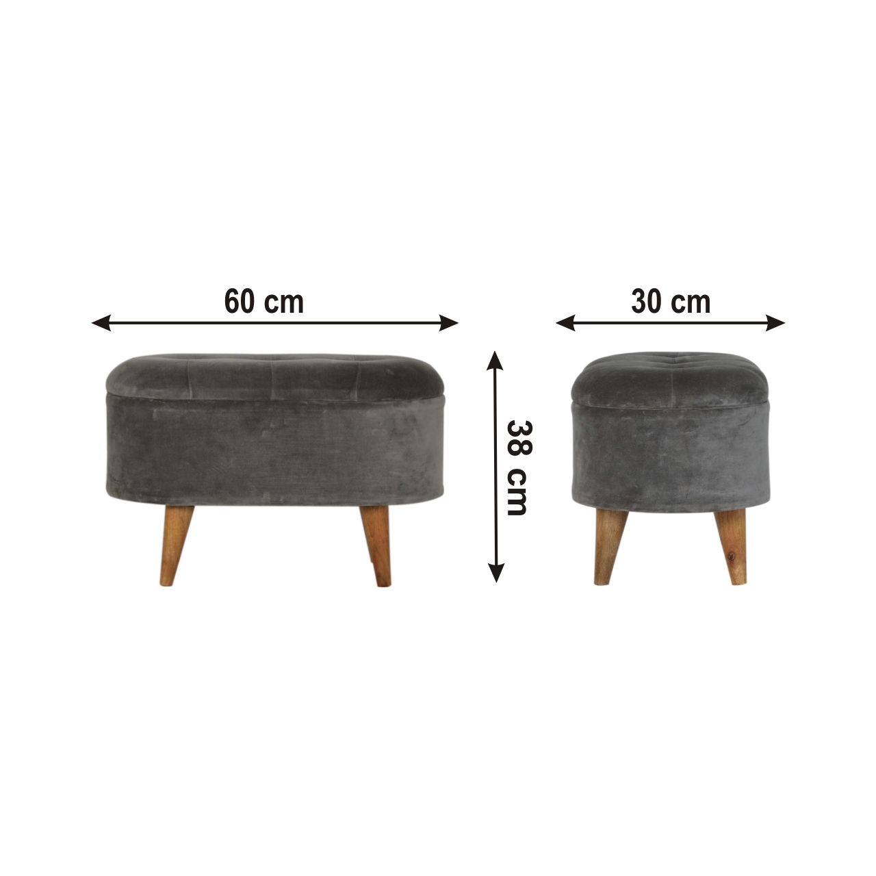 Size chart for Grey Velvet Storage Footstool | Hidden Storage