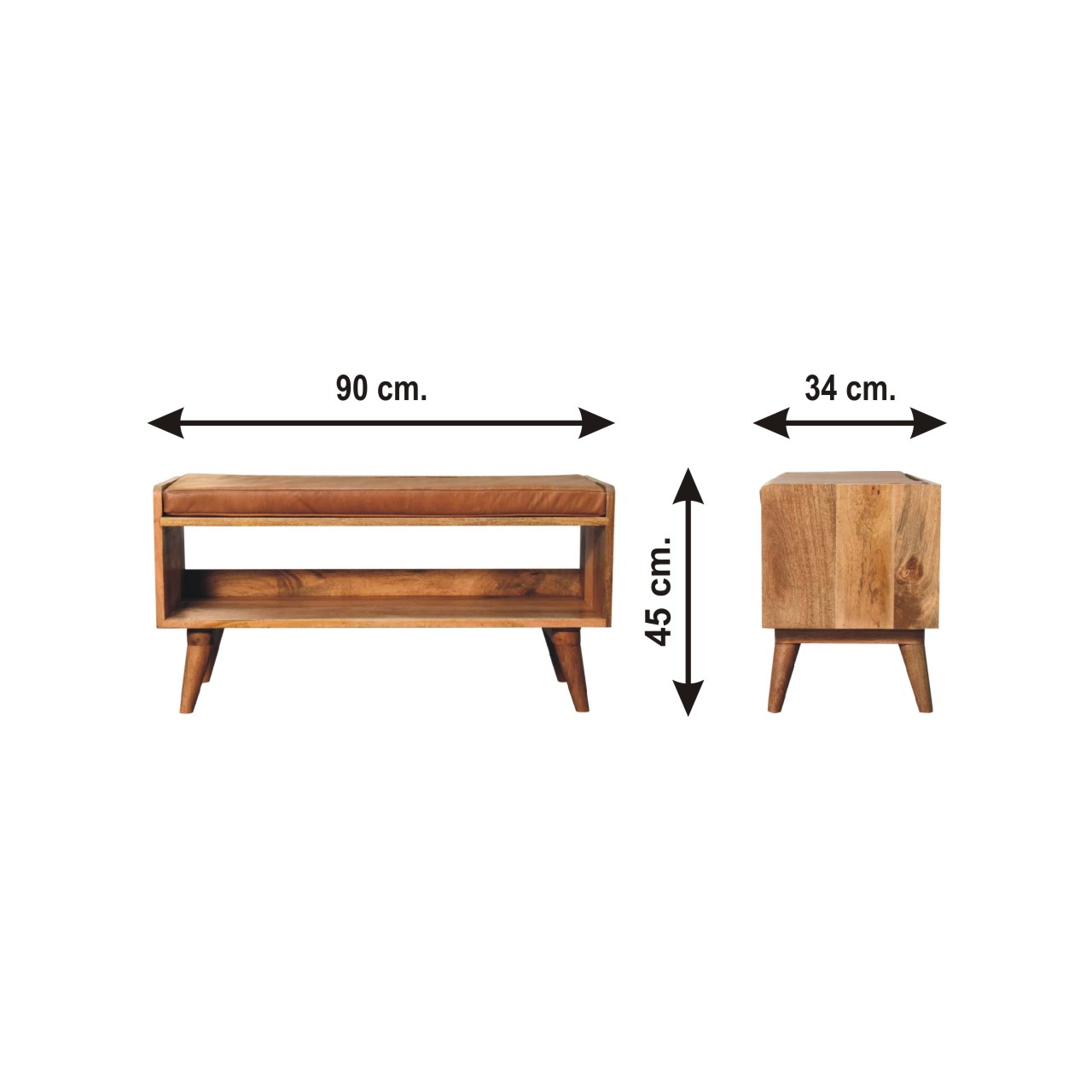 Size chart for Oak-ish Bench with Tan Leather Seatpad | Chestnut